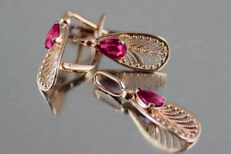 Original Vintage 14K Rose Gold Ruby Embellished Earrings vec067 vec067