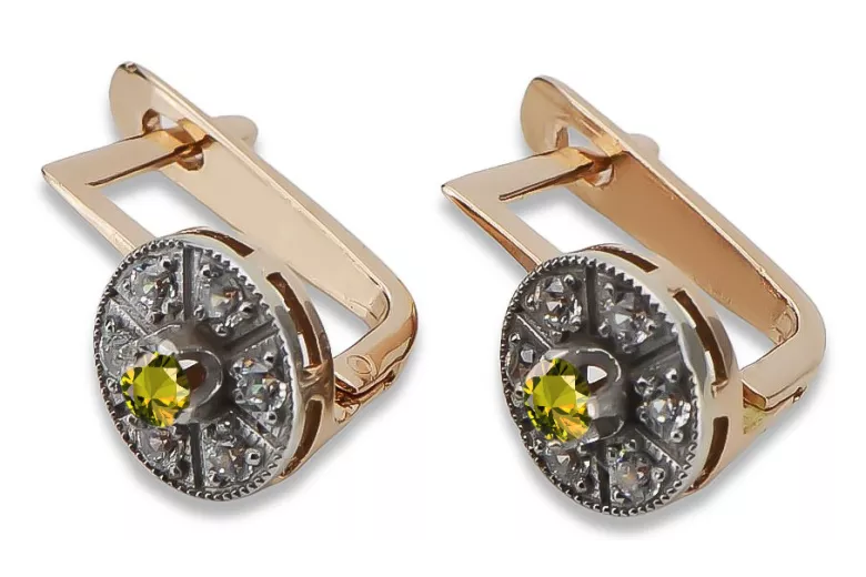 Pendientes vintage de oro rosa y blanco de 14k con peridoto amarillo vec161rw