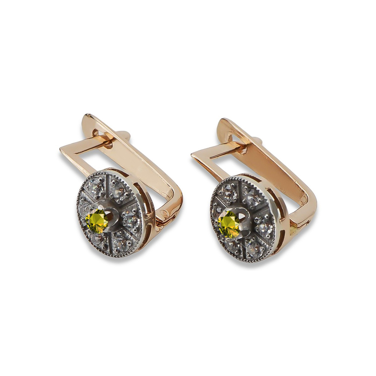 Pendientes vintage de oro rosa y blanco de 14k con peridoto amarillo vec161rw