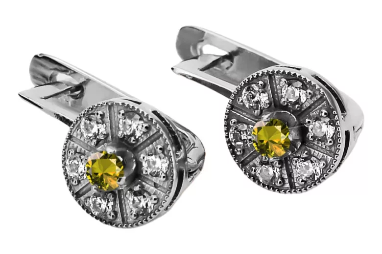 Vintage 14K White Gold Peridot Earrings with Yellow Accent Stones vec161w