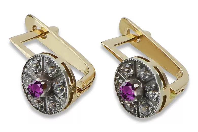 Klassische 14K Gelb- und Weißgold Amethyst Ohrringe vec161yw Vintage vec161yw