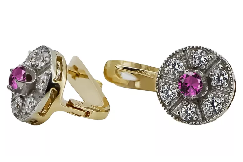 Klassische 14K Gelb- und Weißgold Amethyst Ohrringe vec161yw Vintage vec161yw