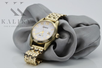 Reloj de pulsera de dama Geneve de oro amarillo 14k con esfera de perla lw020ydpr&lbw004y