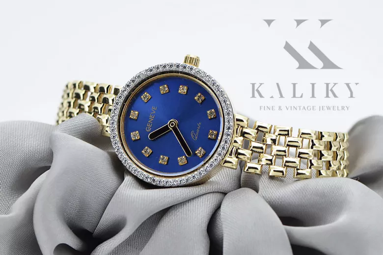 Reloj de dama Geneve en oro amarillo de 14 quilates con azul regalo para mujer lw101ydb