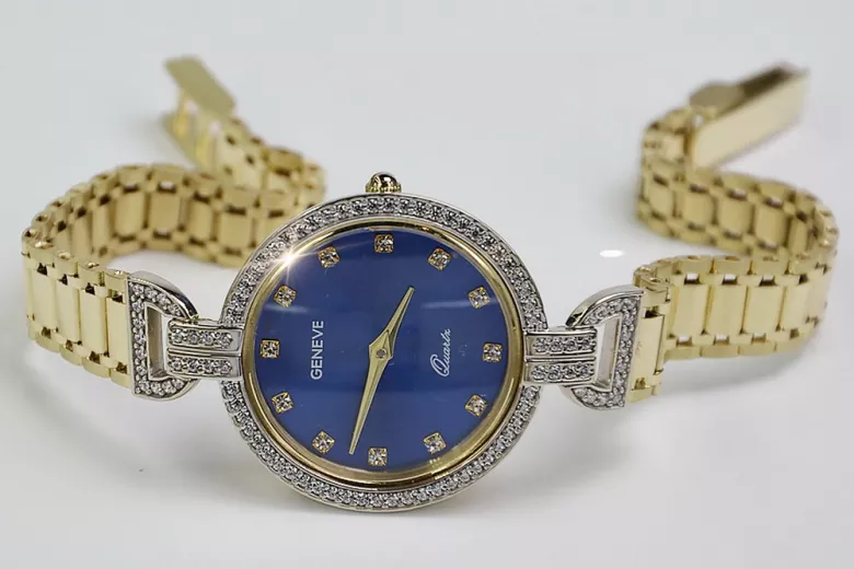 14k żółte złoto, Niebieski cyferblat Geneve Lady Gift Geneve lw004ydbl