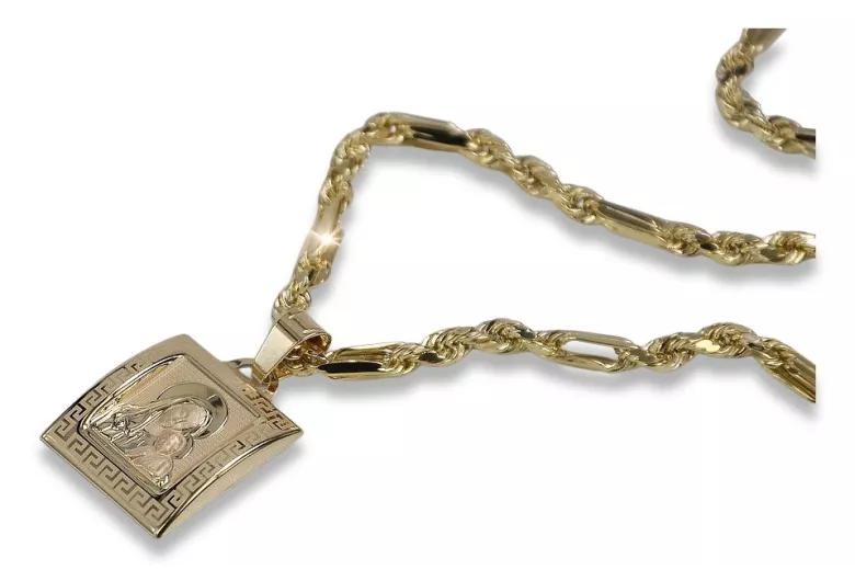 Collier en or 14 carats avec médaille Mère de Dieu et chaîne Corda Figaro pm001yM&cc004y50