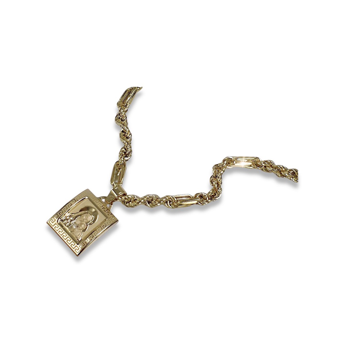 Collier en or 14 carats avec médaille Mère de Dieu et chaîne Corda Figaro pm001yM&cc004y50