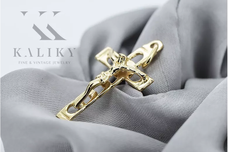 Ретро рожево-рожевий італійський жовтий 14K хрест католицький ctc028y