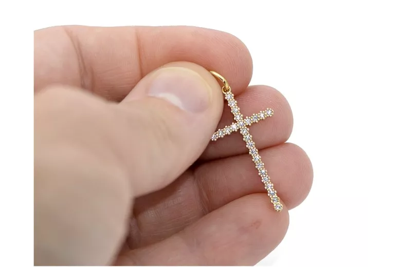 Cruce catolică vintage aur galben 14 cu roz și alb (Catholic cross vintage 14k yellow gold with pink and white) ctc029y