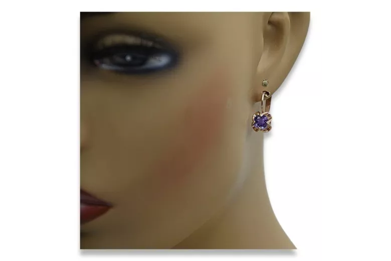 Boucles d'oreilles en or rose vintage 14 carats avec alexandrite russe soviétique vec018 style vec018