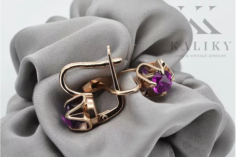 Amethyst Accentuated Original Vintage 14K Rose Gold Earrings - Russian Soviet Style vec018 vec018