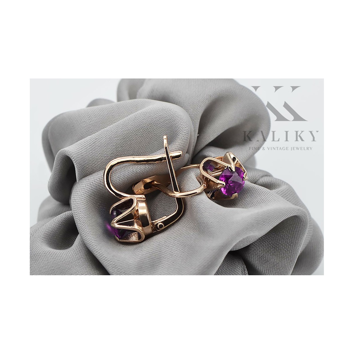 Amethyst Accentuated Original Vintage 14K Rose Gold Earrings - Russian Soviet Style vec018 vec018