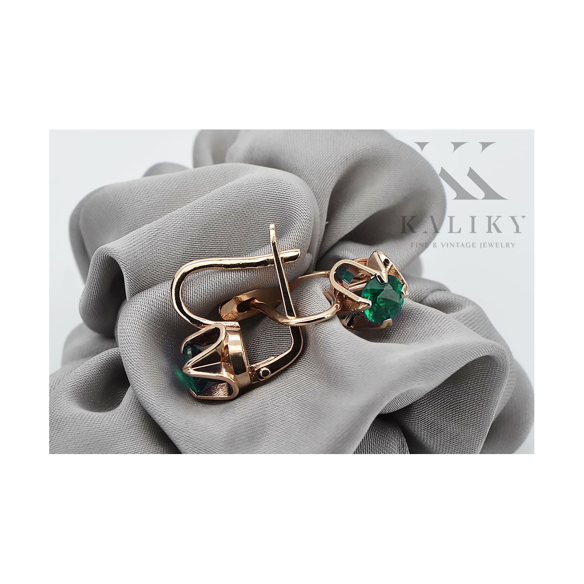 "Authentic Emerald 14K Rose Gold Vintage Earrings, Russian Soviet vec018" style vec018