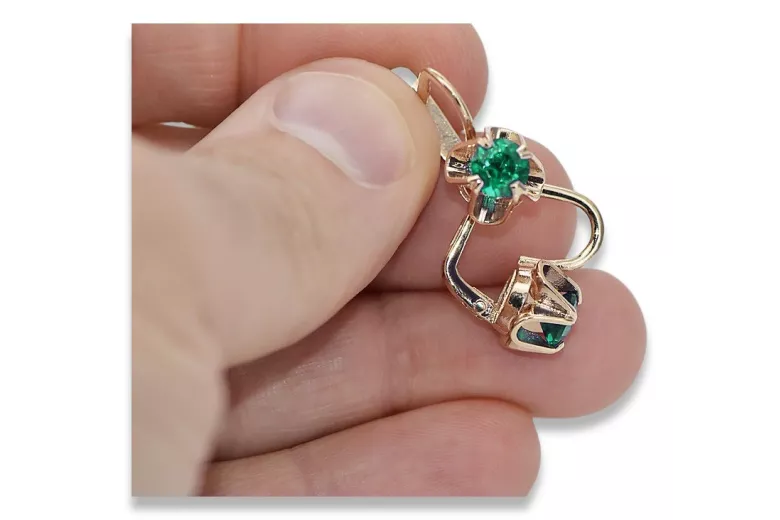 "Authentic Emerald 14K Rose Gold Vintage Earrings, Russian Soviet vec018" style vec018