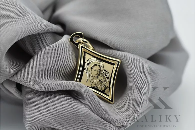 Colgante de icono de medallón de María en oro amarillo de 14 quilates pm028y