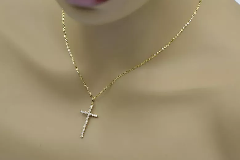 Cruce catolică vintage aur galben 14 cu roz și alb (Catholic cross vintage 14k yellow gold with pink and white) ctc029y