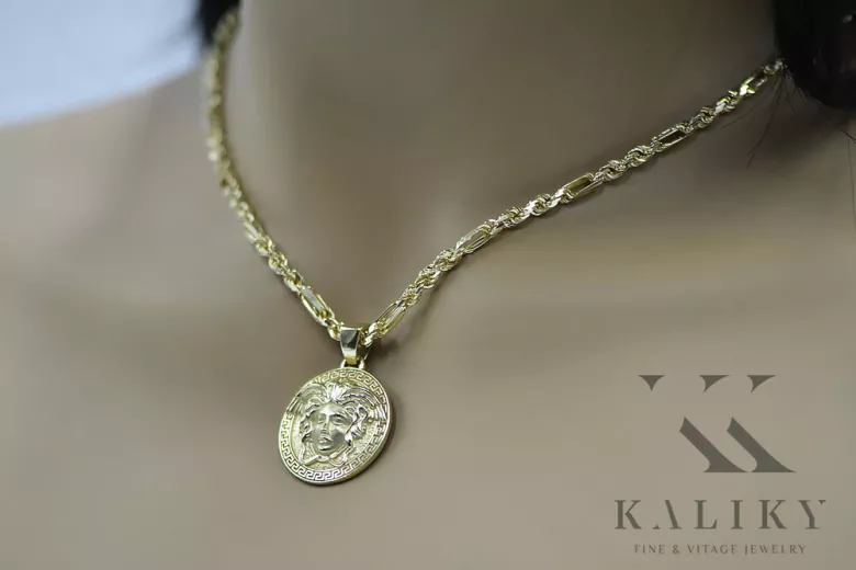 Chaîne en or 14 carats style médaille grecque Versace & Corda Figaro cpn049y20&cc004y45