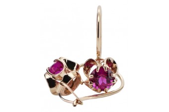 Aretes de Rubí con Oro Rosa Antiguo Original de 14k vec035 Estilo Soviético Ruso Vintage style vec035