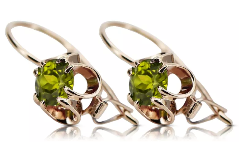 Pendientes de Peridoto y Oro Rosa Antiguo 14k Vec035, Estilo Vintage Soviético Ruso style vec035