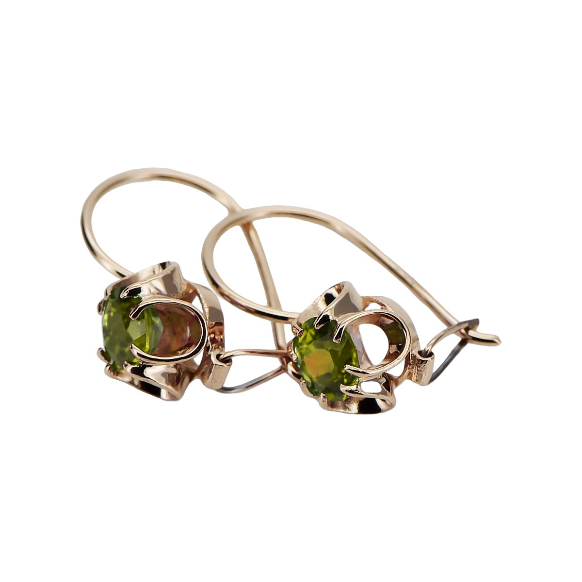 Pendientes de Peridoto y Oro Rosa Antiguo 14k Vec035, Estilo Vintage Soviético Ruso style vec035