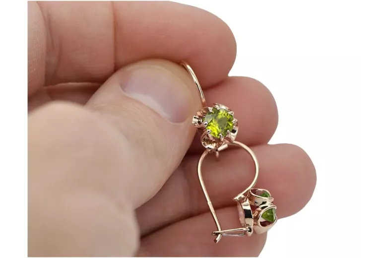 Pendientes de Peridoto y Oro Rosa Antiguo 14k Vec035, Estilo Vintage Soviético Ruso style vec035