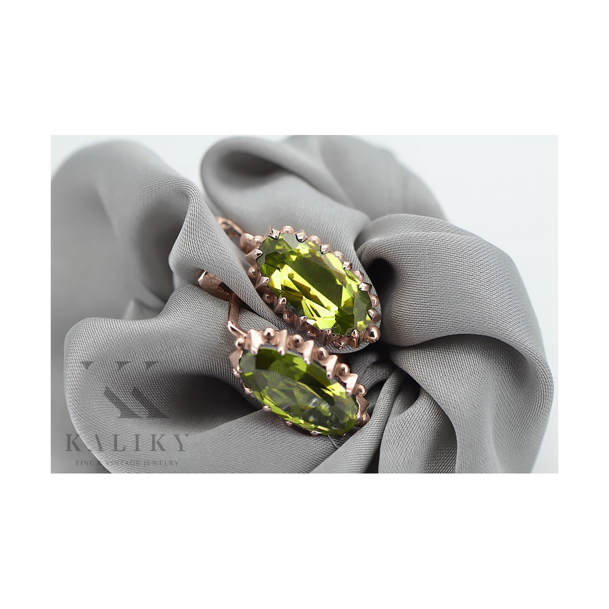 "Peridoto Exquisito en Oro Rosa de 14k Original Antiguo - Pendientes Elegantes vec174" Vintage vec174