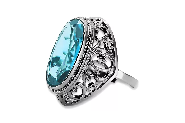 Bague en argent sterling 925, Aigue-marine, pierres précieuses, style russe soviétique. vrc184s