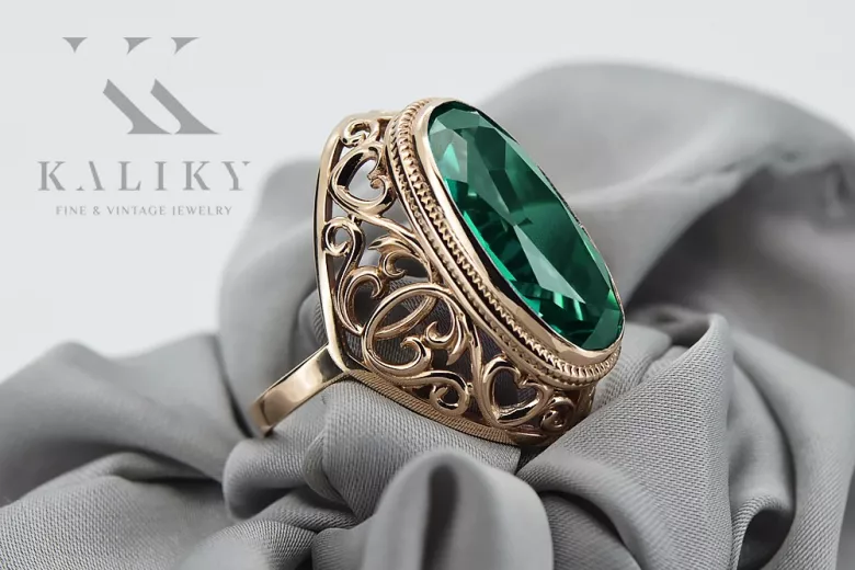 "Elegancki pierścionek z różowego złota 14k i szmaragdu vrc184" Vintage vrc184