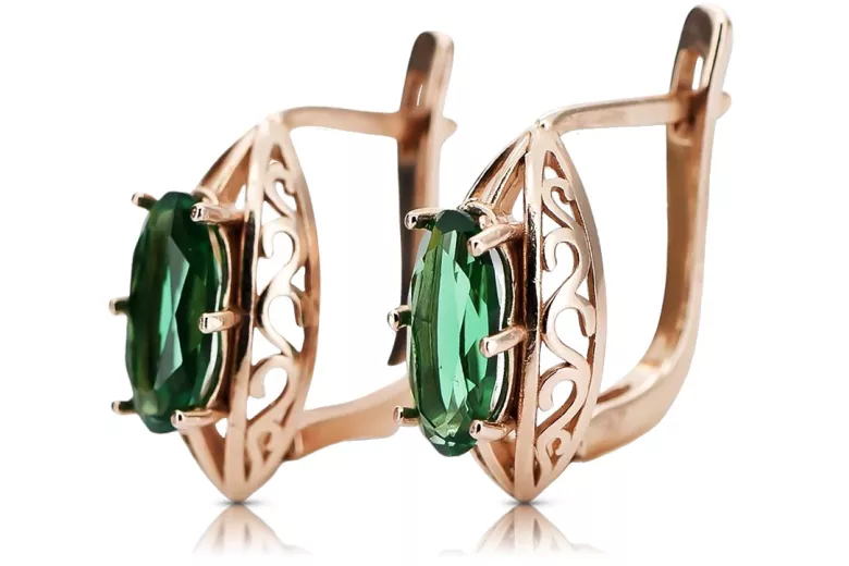 Elegant 14K Rose Gold Emerald Earrings in Original Vintage Style vec141 vec141