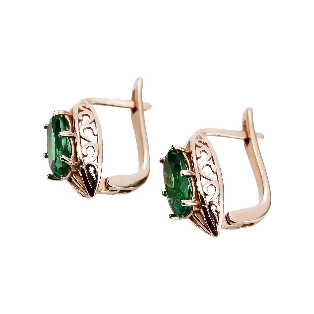 Elegant 14K Rose Gold Emerald Earrings in Original Vintage Style vec141 vec141