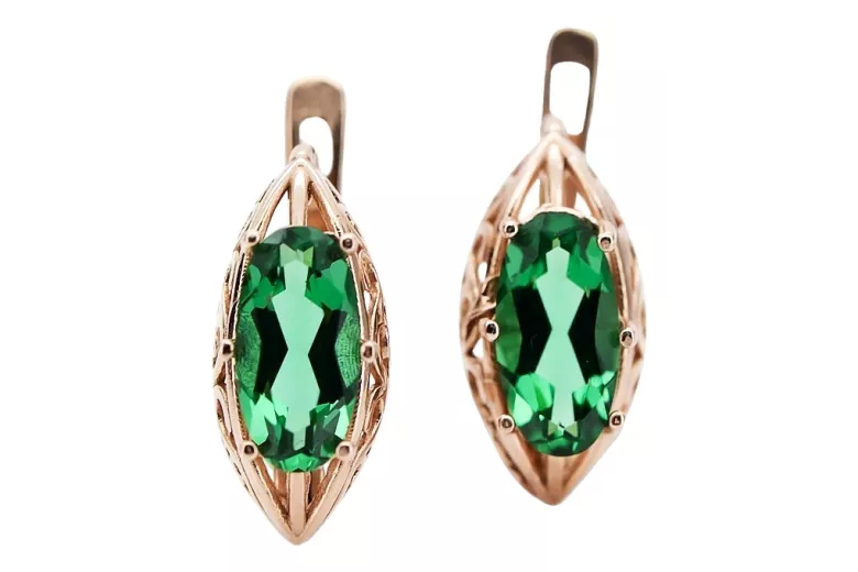 Elegant 14K Rose Gold Emerald Earrings in Original Vintage Style vec141 vec141