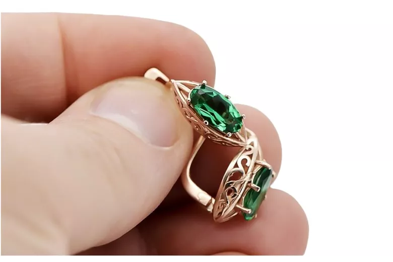 Elegant 14K Rose Gold Emerald Earrings in Original Vintage Style vec141 vec141