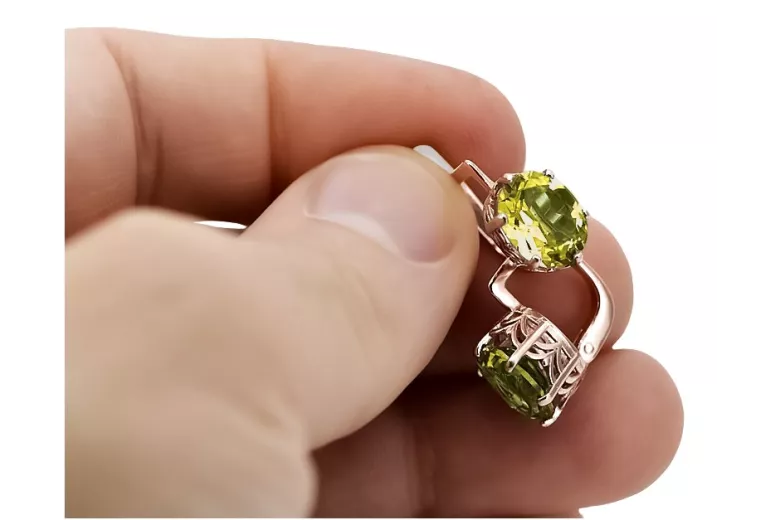 Pendientes de oro rosa antiguo de 14k, Peridoto amarillo.vec003 Vintage ruso soviético. vec003